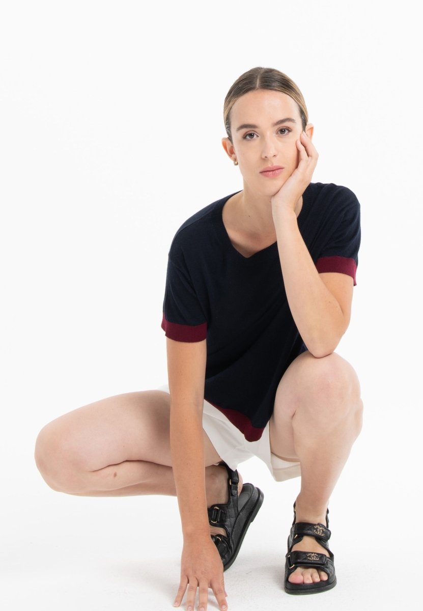 T-shirt col rond ultrafin cachemire et laine bleu marine/rouge bordeaux femme - KELLY 1-3