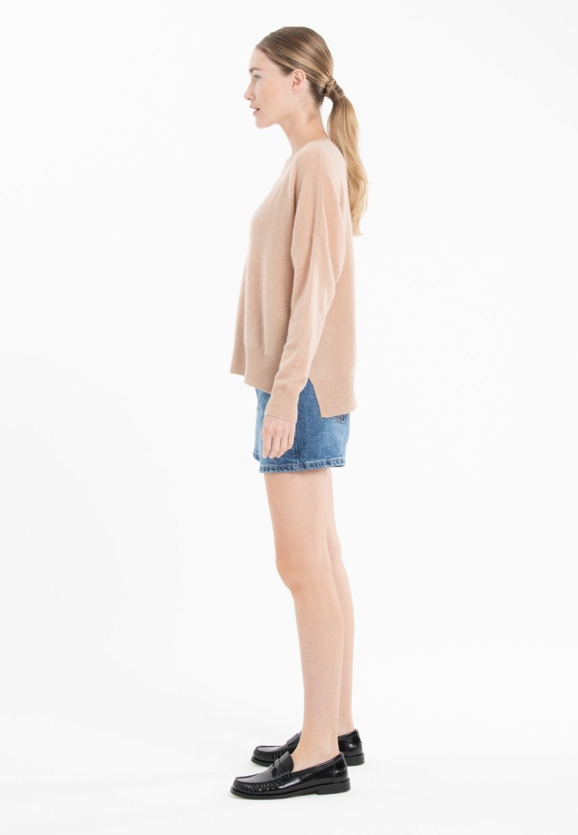 Pull col V cachemire camel clair/violet femme - NAMI 23-2