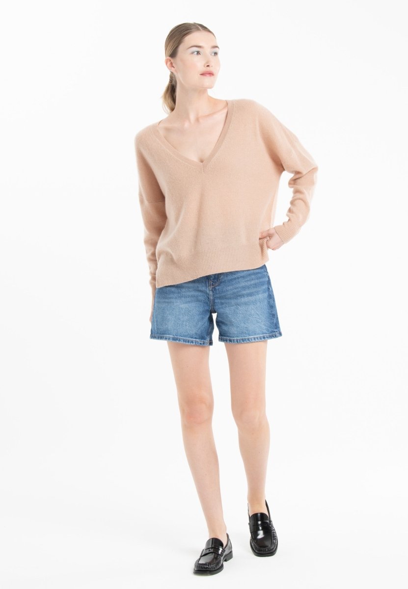 Pull col V cachemire camel clair/violet femme - NAMI 23-4