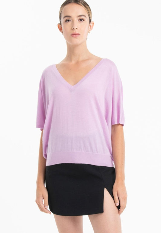 Pull col V manches chauve souris ultrafin cachemire et laine lavande femme - KELLY 6-0