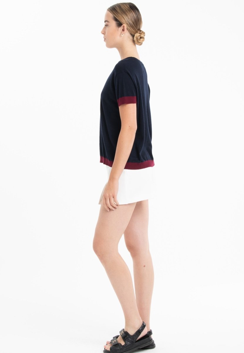 T-shirt col rond ultrafin cachemire et laine bleu marine/rouge bordeaux femme - KELLY 1-1