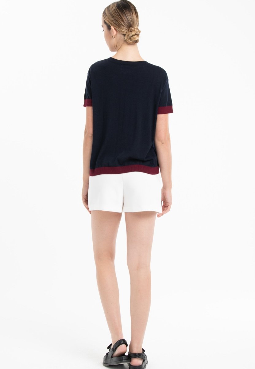 T-shirt col rond ultrafin cachemire et laine bleu marine/rouge bordeaux femme - KELLY 1-2