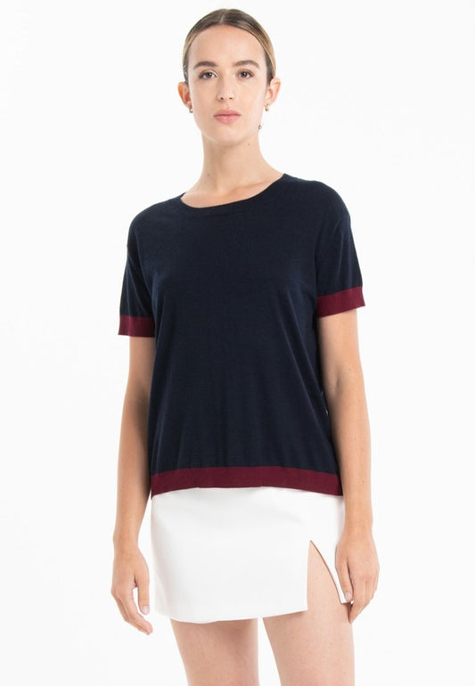 T-shirt col rond ultrafin cachemire et laine bleu marine/rouge bordeaux femme - KELLY 1-0